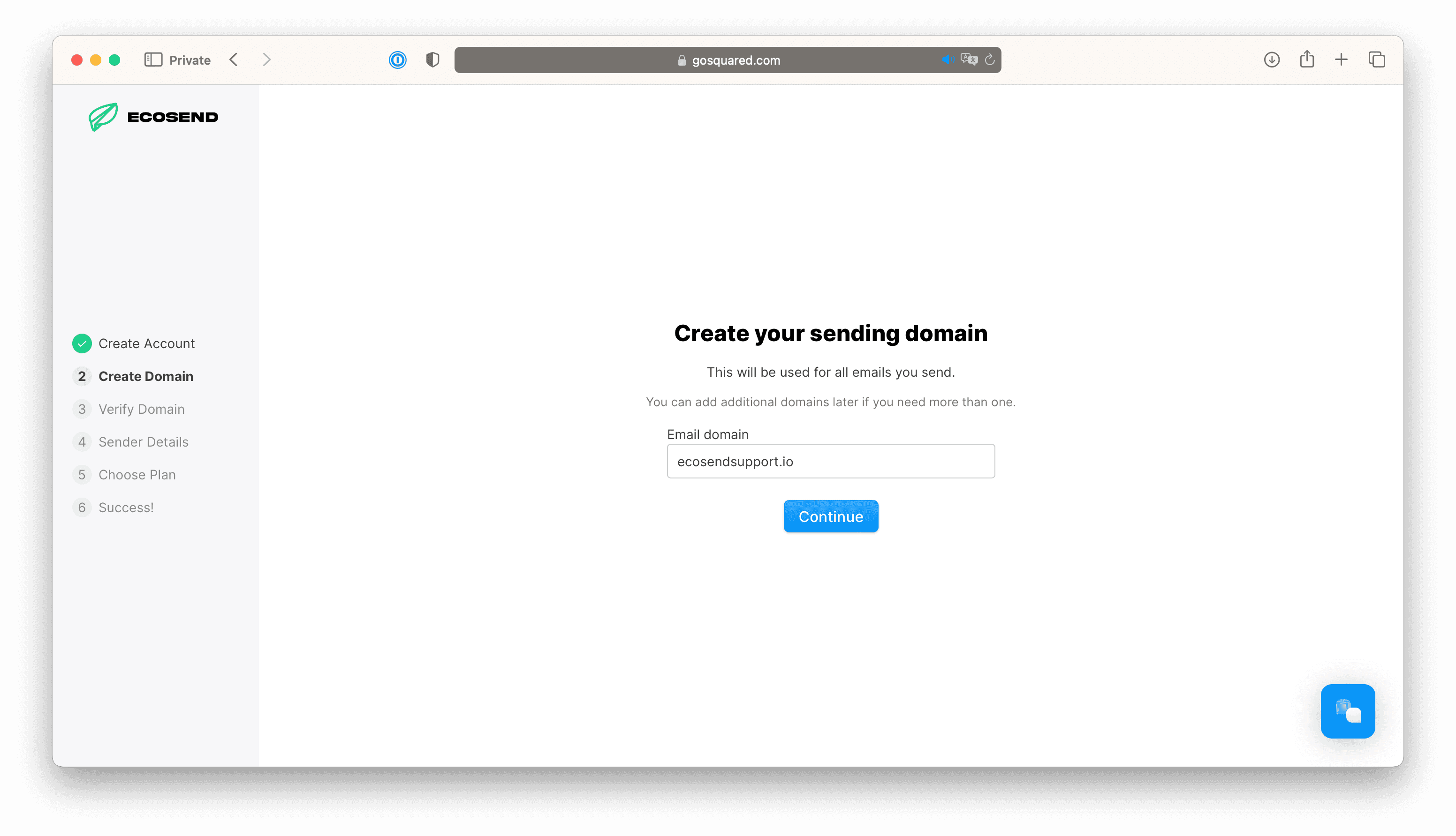 Screenshot of the Add a Domain screen in EcoSend