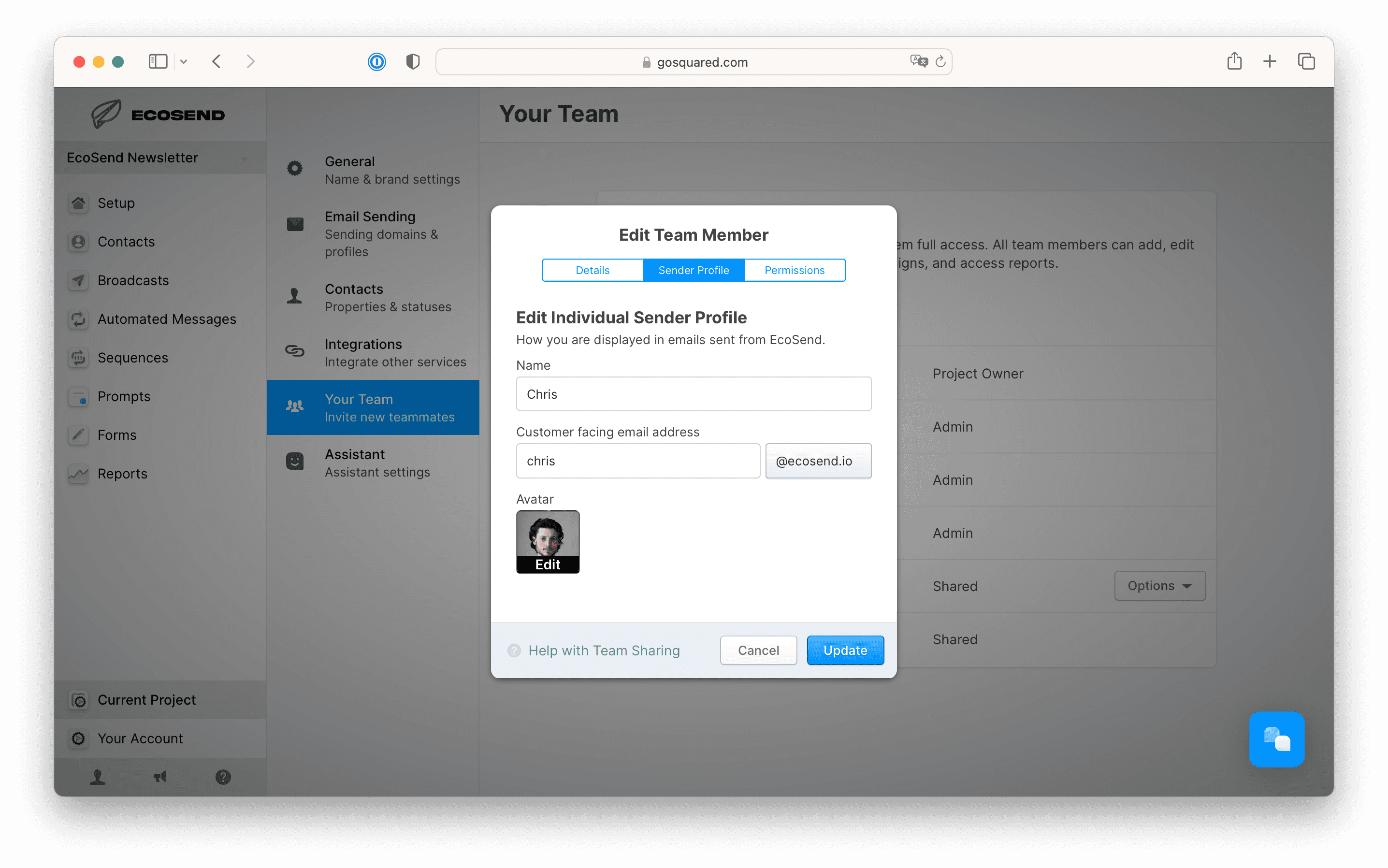 Screenshot of the Sender Profile settings in EcoSend