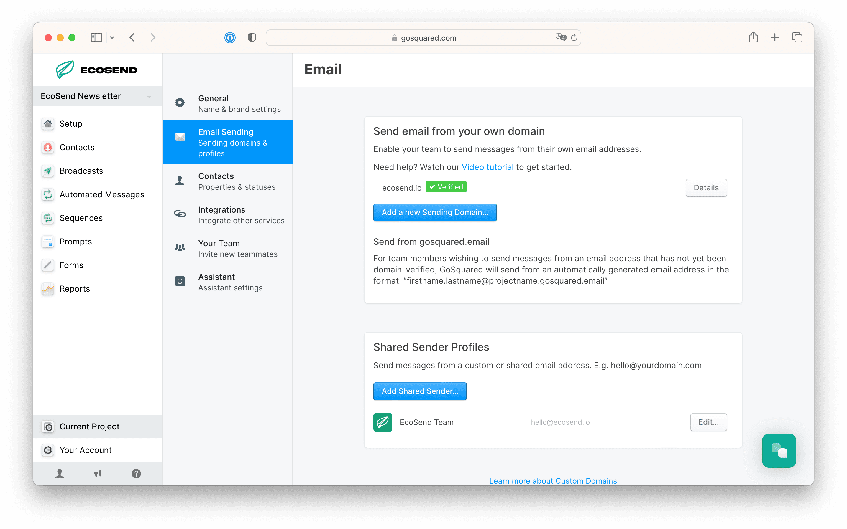 Screenshot of the Domain Setup screen in the success state
