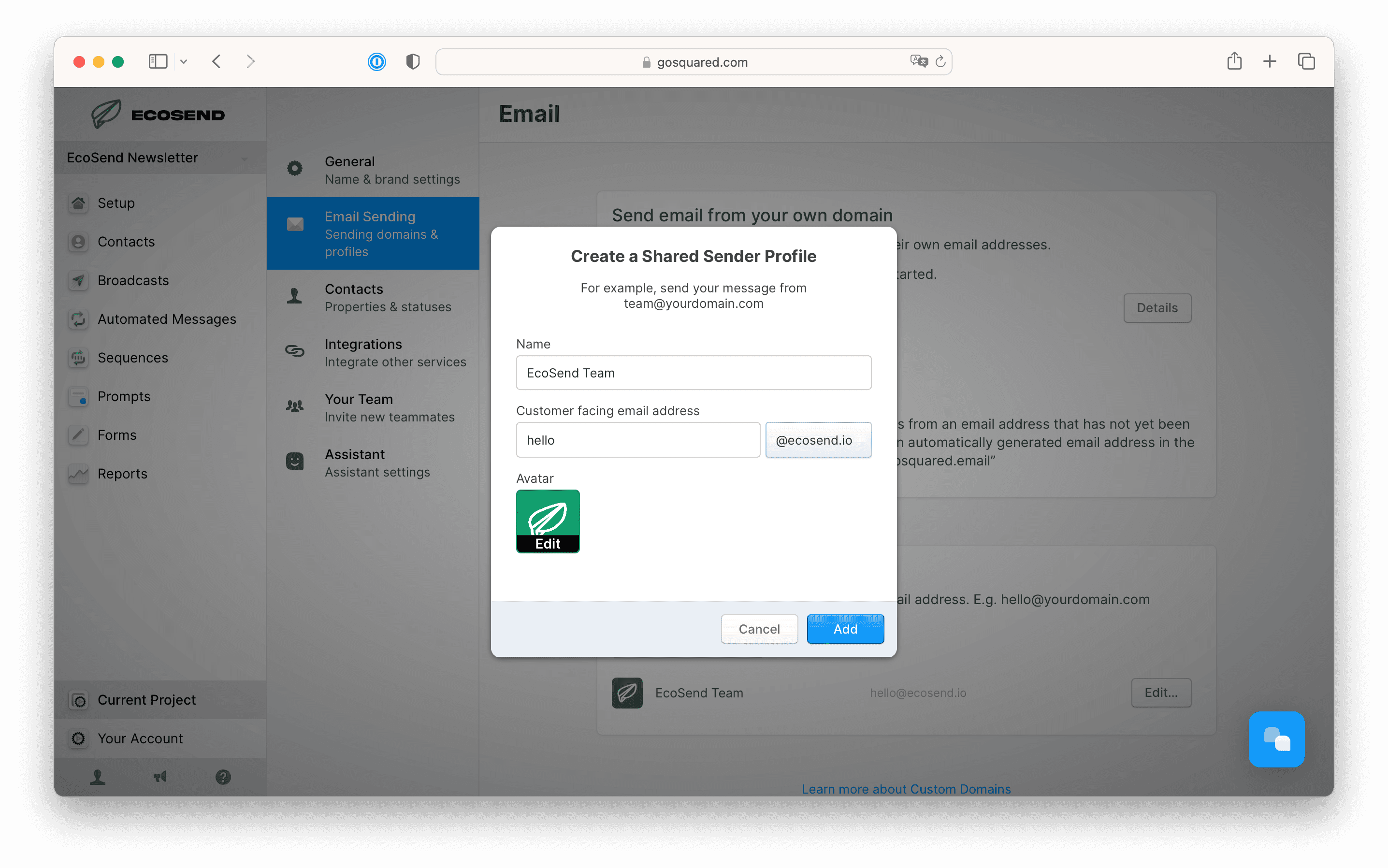 Creating a Shared Sender Profile