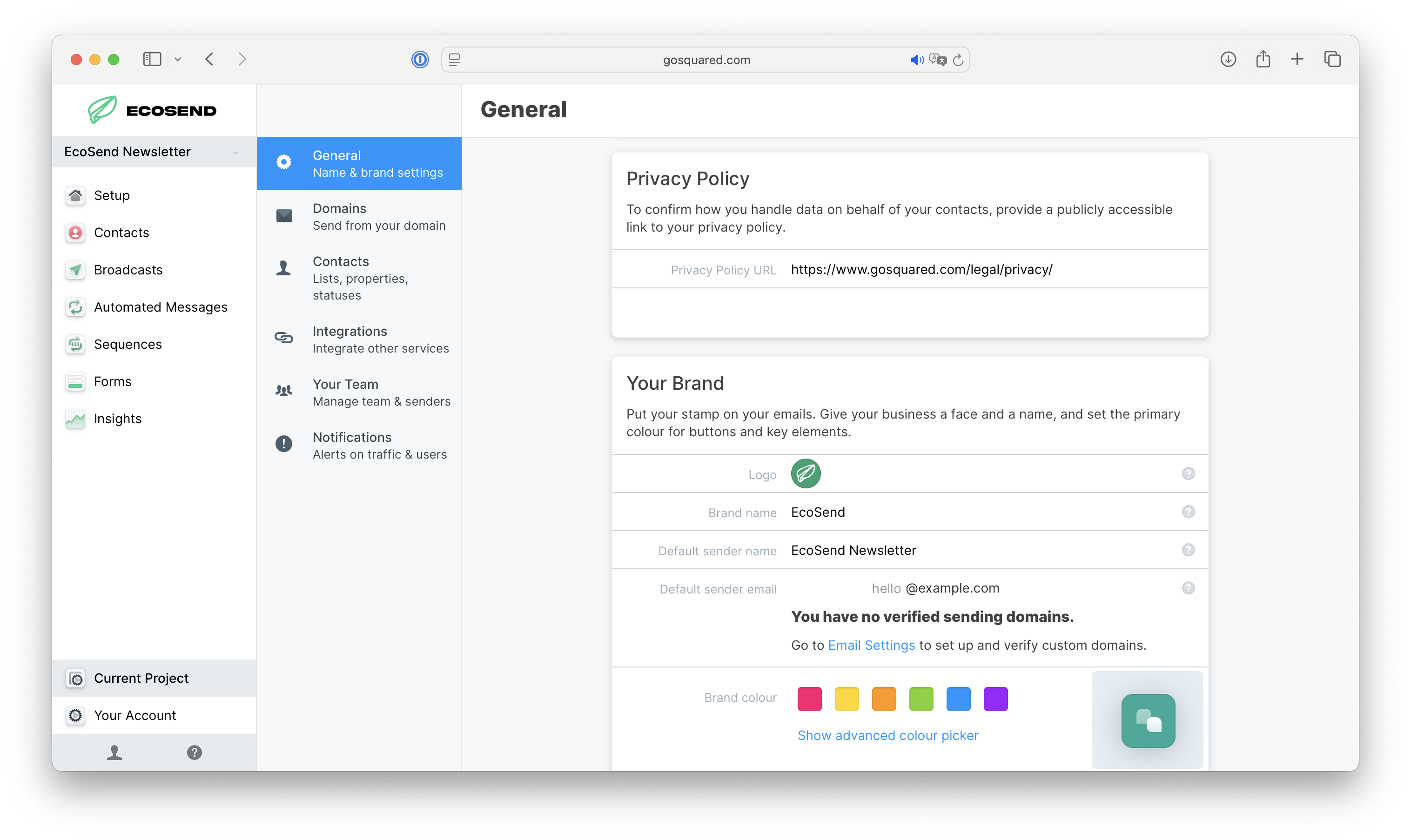 Privacy Policy settings in EcoSend