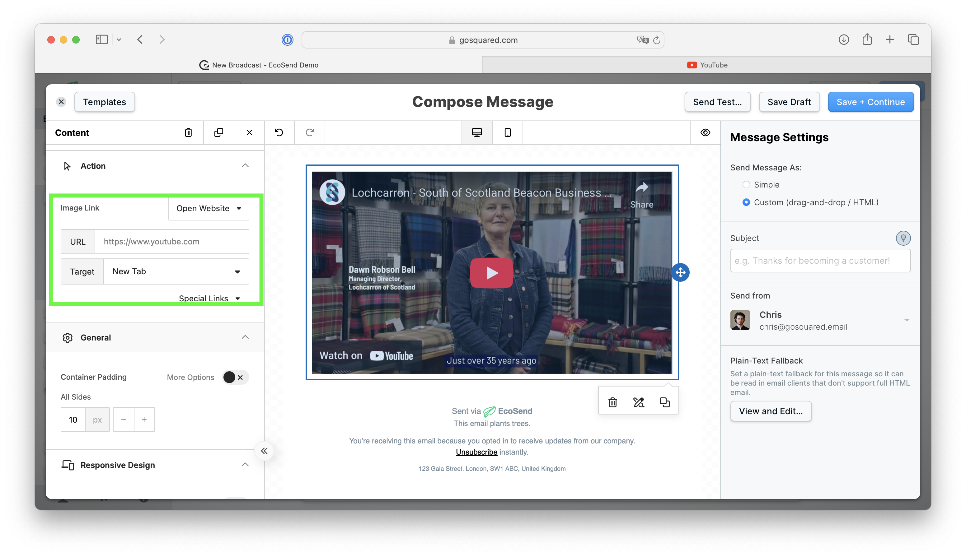 Example of a video image embed in EcoSend's drag & drop email editor