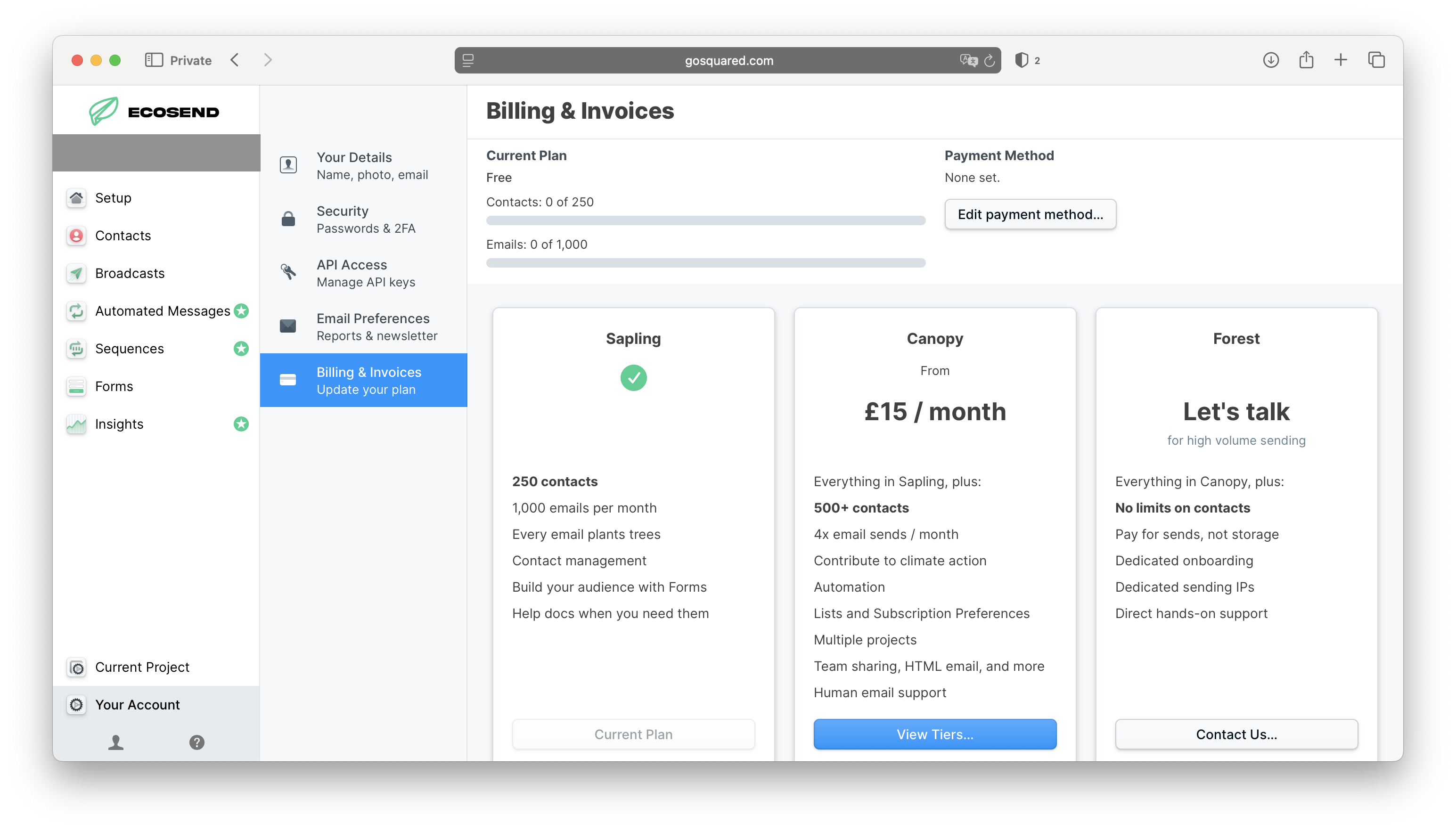EcoSend Billing Settings