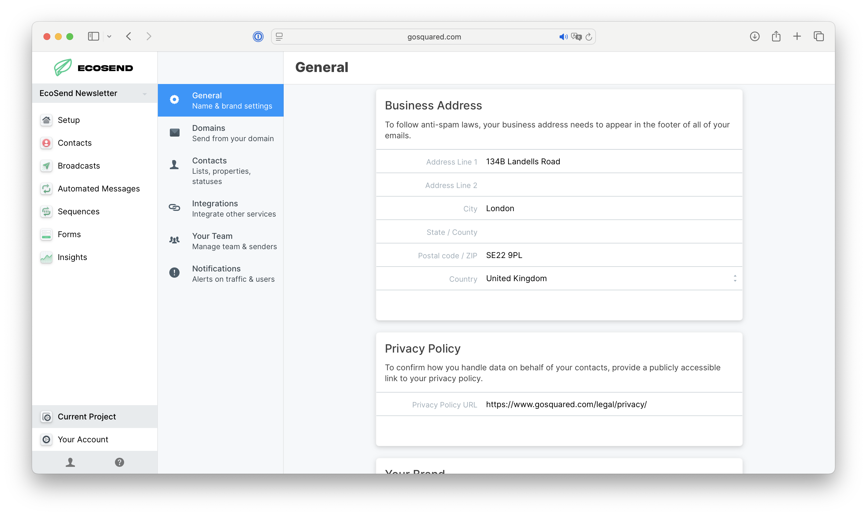 Business address settings area in EcoSend