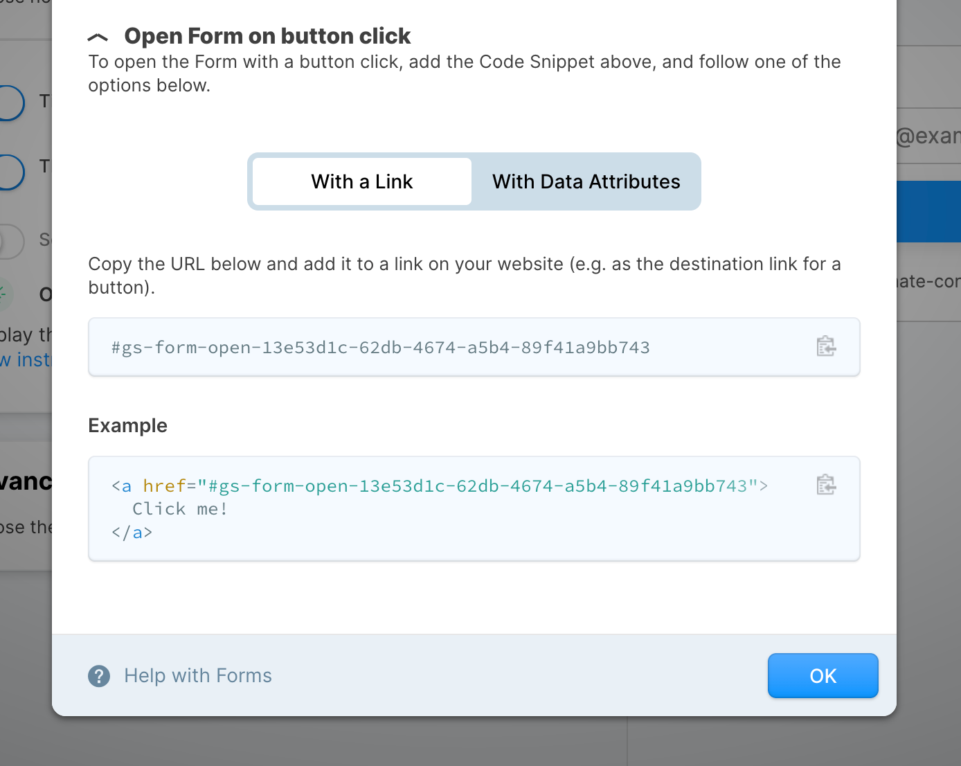 Screenshot of integration instructions for triggering on button click