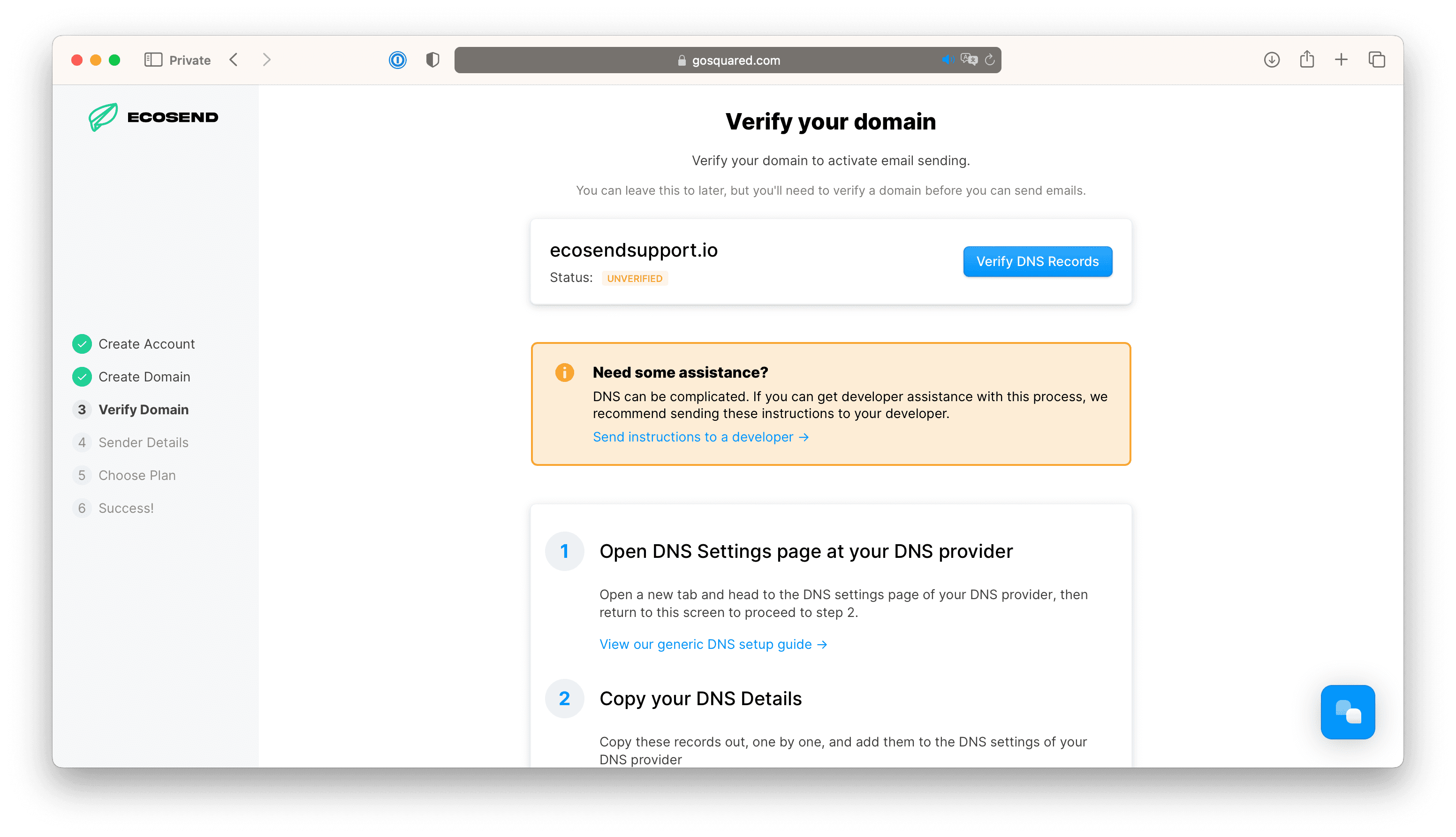 Screenshot of Verify your Domain in EcoSend