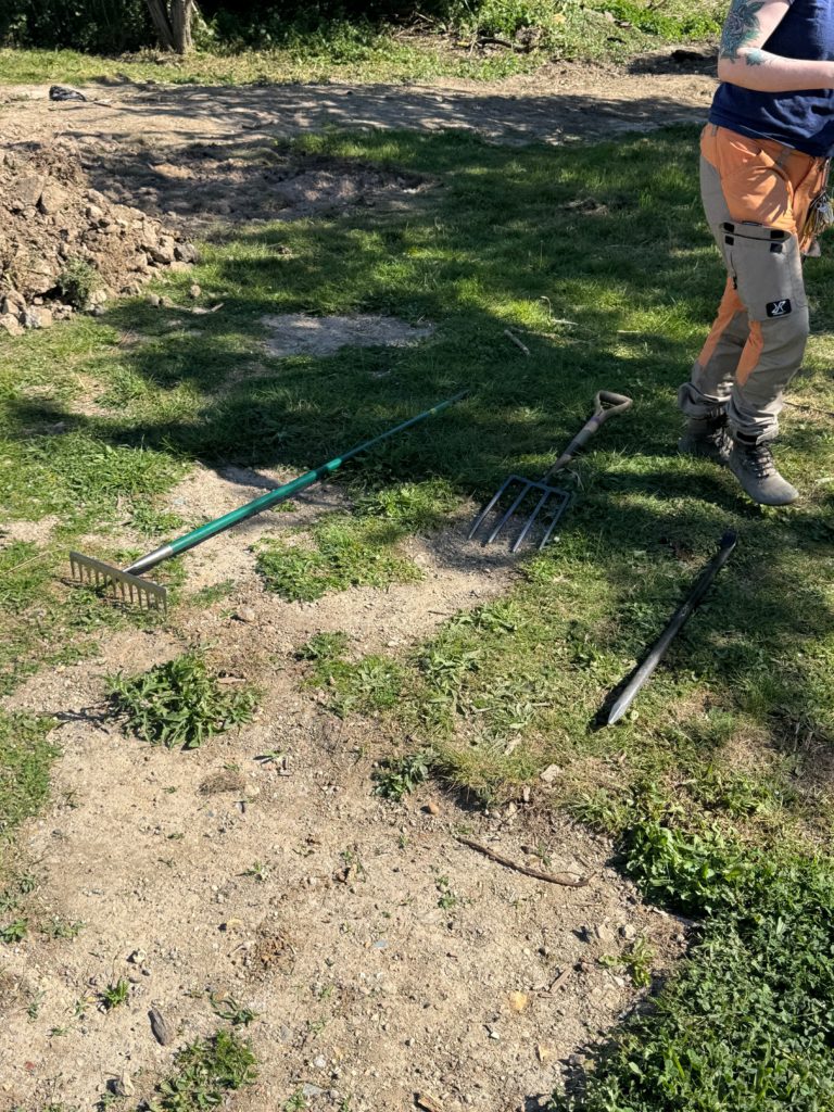 Our choice of 'weapons' for the day; rakes, pitchforks, etc